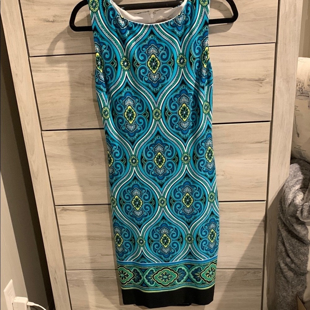 Cache Blue and Green Patterned Sheath Dress